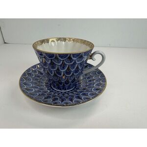 Lomonosov Porcelain Tea Cup Saucer Forget Me Not Cobalt Blue Gold USSR LFZ